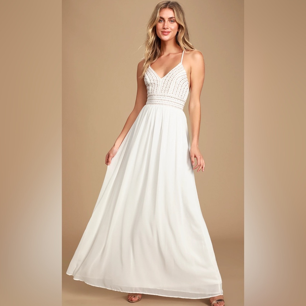 Lulus- Meet Me in Madrid White Beaded Maxi Dress